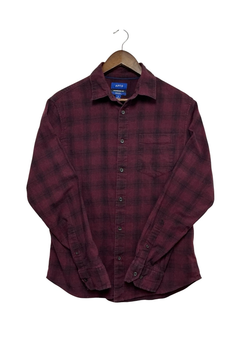 Apt 9 Mens Medium Premier Flex Untucked Fit Flannel Shirt Burgundy Black Plaid